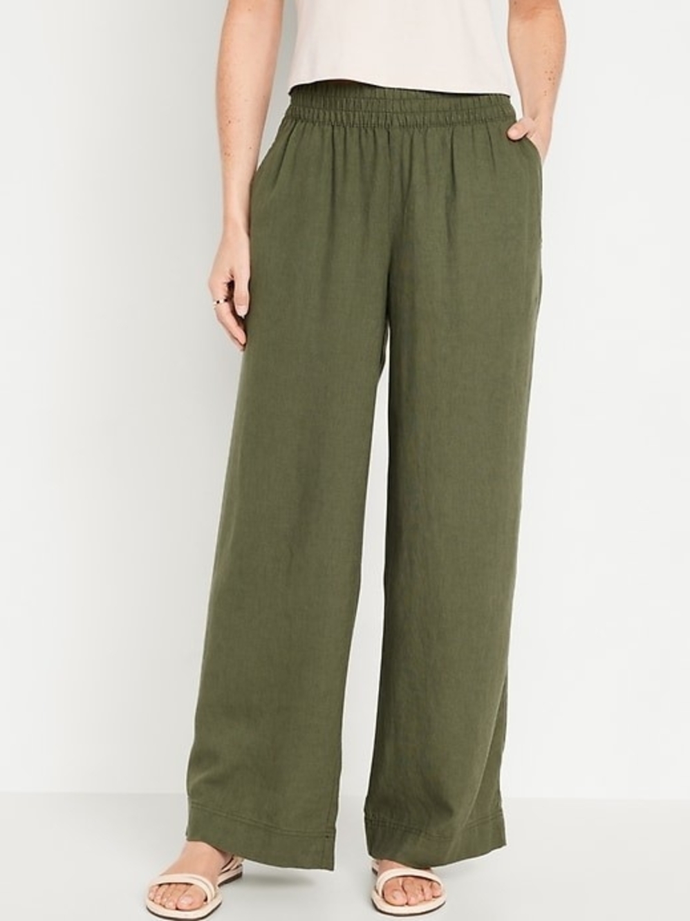 Olive Green Wide-Leg 100% Cotton Elastic-Waist Pants